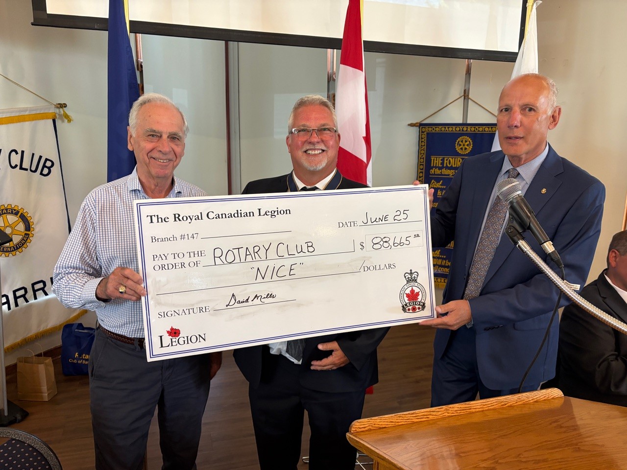 Royal Canadian Legion Branch 147 presenting a cheque for $88,665 to the Rotary Club of Barrie on June 25, 2026