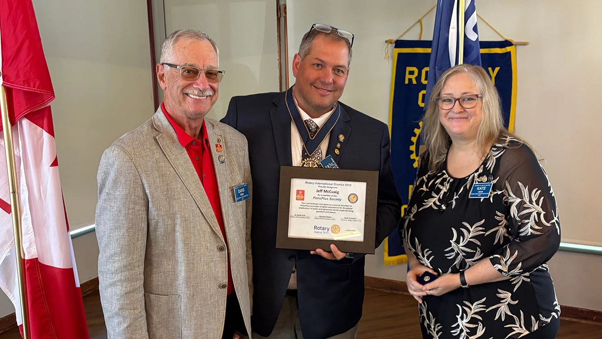 PP David Tisch, President Jeff McCuaig, and Kate Venn at the Polio Plus Society induction at the Rotary Club of Barrie