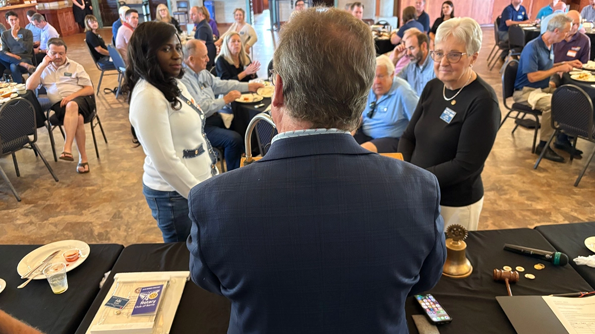 Abi Giwa being welcomed as a new member of the Rotary Club of Barrie